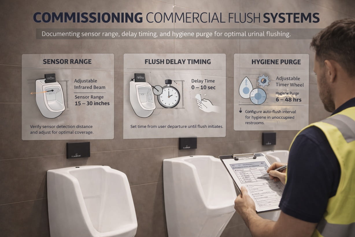 Commissioning technician documenting sensor range, delay timing, and hygiene purge settings for commercial flush systems